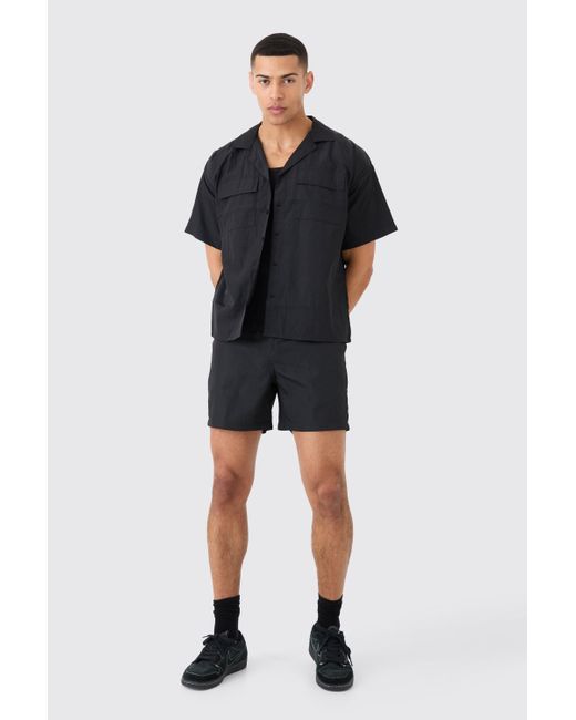 BoohooMAN Black Crinkle Nylon Pocket Shirt & Short Set for men