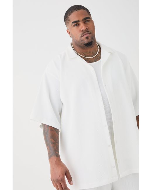 BoohooMAN Plus Short Sleeve Revere Oversized Pleated Shirt in White für Herren