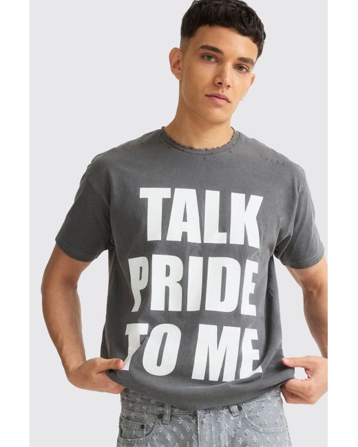 BoohooMAN Gray Boxy Talk Pride To Me Distressed T-shirt for men
