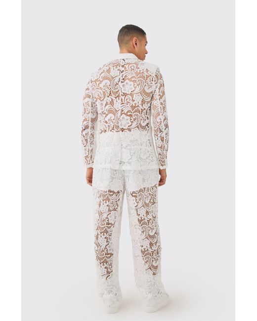BoohooMAN White Relaxed Fit Lace Suit Pants for men