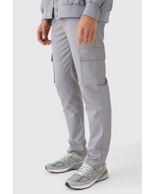 BoohooMAN Gray Tailored Straight Fit Cargo Trousers for men