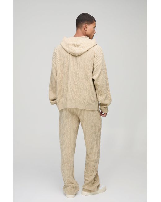 BoohooMAN Natural Oversized Boxy Boucle Mixed Cable Knitted Hooded Tracksuit for men
