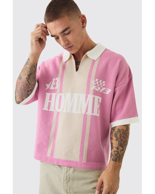 BoohooMAN Pink Oversized Boxy Football Knitted Polo for men