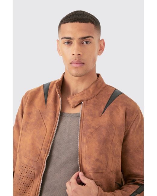BoohooMAN Brown Regular Fit Washed Faux Suede Moto Jacket for men