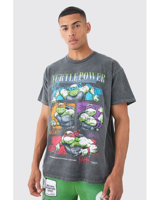 BoohooMAN Gray Oversized Ninja Turtles Wash License T-shirt for men