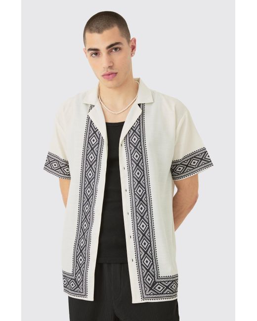 BoohooMAN White Oversized Linen Look Aztec Border Shirt for men