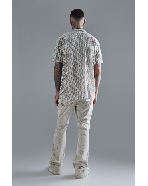 BoohooMAN Gray Tall Short Sleeve Oversized Revere Abstract Open Weave Shirt for men