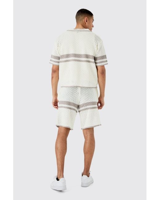 BoohooMAN White Boxy Oversized Open Stitch Statement Stripe Knit Shirt for men