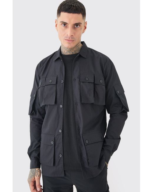 BoohooMAN Tall Longsleeve Poplin Utility Pocket Shirt in Blue für Herren