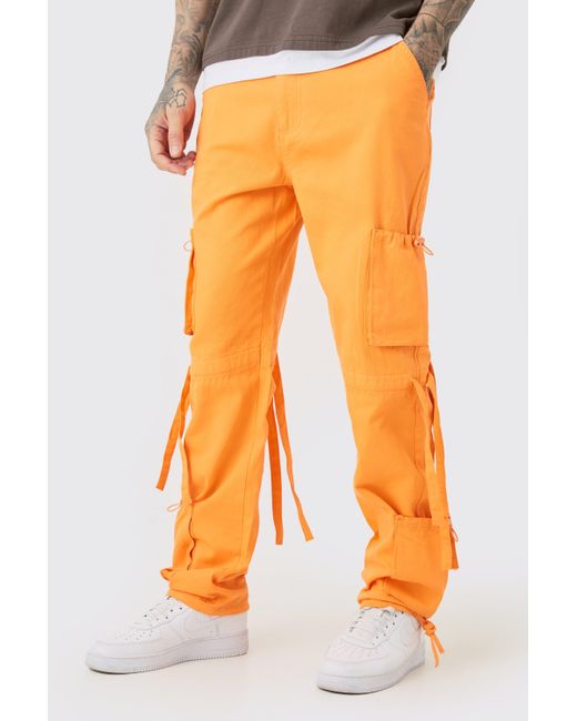 BoohooMAN Orange Tall Fixed Waist Washed Twill Multi Cargo Pants for men