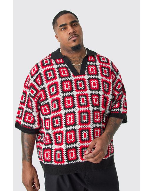 BoohooMAN Plus Short Sleeve Boxy Fit Crochet Knit Polo In Red for men