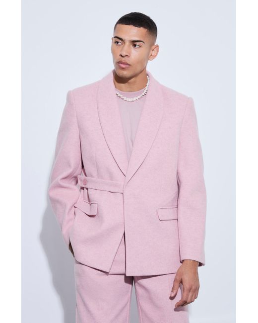 BoohooMAN Pink Melton Wool Oversized Strap Detail Blazer for men