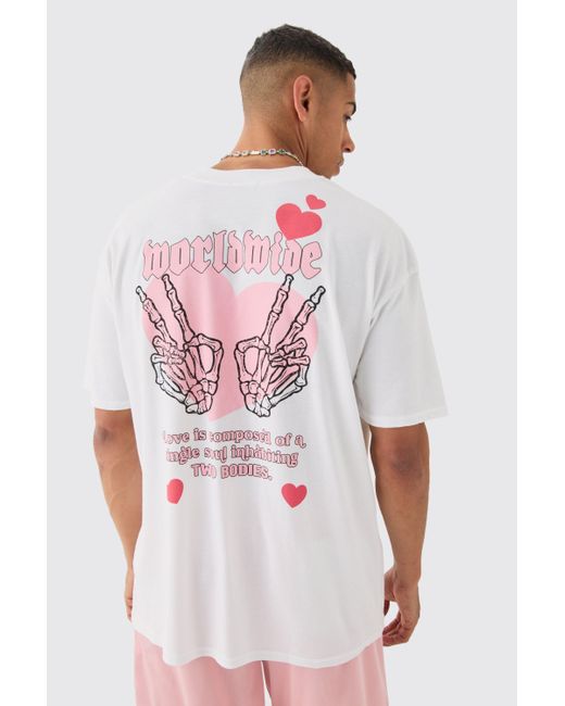 Boohoo White Oversized Extended Neck Heart Skeleton Back Print T-shirt
