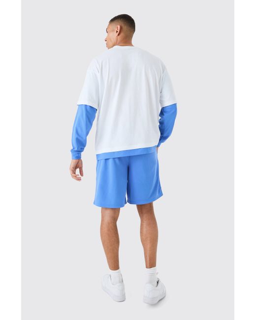 BoohooMAN Blue Oversized Faux Layer T-shirt And Mesh Short Set for men