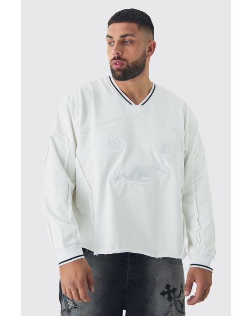 BoohooMAN White Plus Oversized Boxy Embroidered Sports Rib Sweatshirt for men