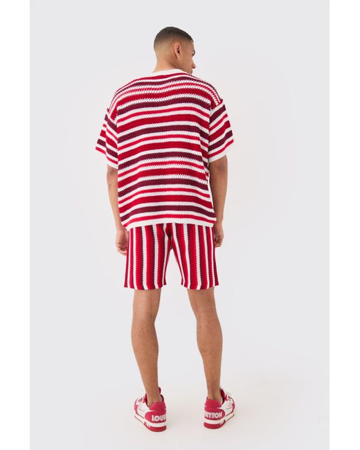 BoohooMAN Relaxed Open Stitch Stripe Knit Short In Red for men