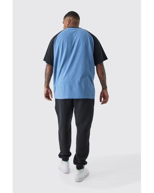 BoohooMAN Plus Raglan Detail Colour Block T-shirt In Blue for men