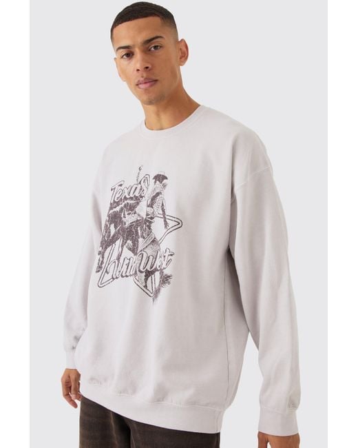 BoohooMAN White Oversized Heavyweight Texas Western Graphic Washed Sweatshirt for men