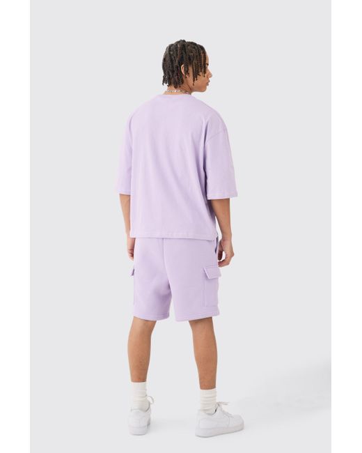 BoohooMAN Purple Oversized Boxy Contrast Stitch Half Sleeve Tshirt & Cargo Set for men