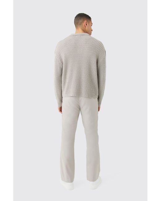 BoohooMAN Gray Regular Long Sleeve Textured Knit Polo for men