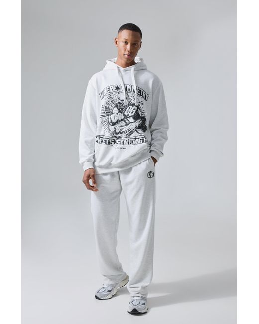 BoohooMAN Gray Active X Og Gym Oversized Graphic Hooded Tracksuit for men
