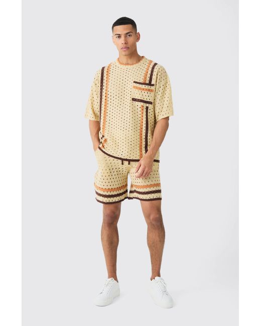 BoohooMAN Natural Oversized Open Stitch T-shirt Short Knitted Set for men