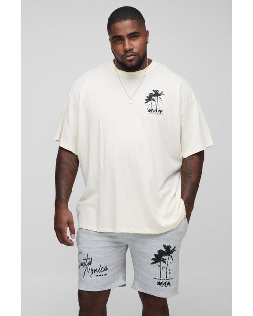 Boohoo White Plus Oversized Santa Monica Palm Print T-Shirt & Slim Short Set