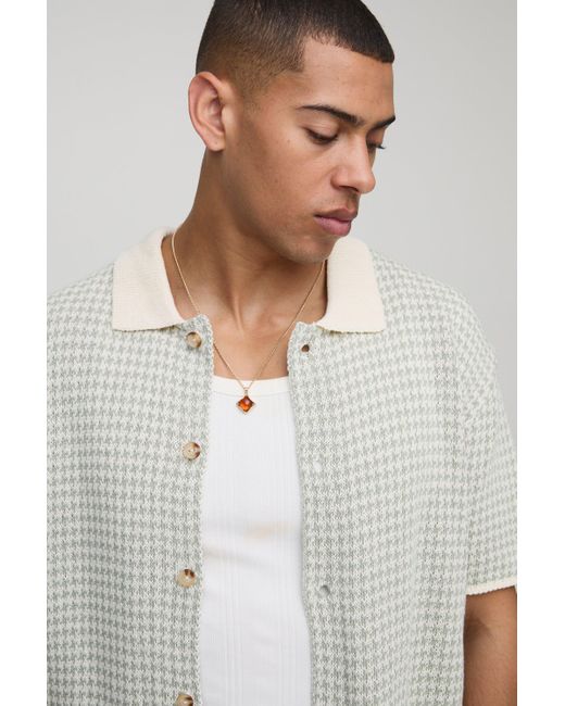 BoohooMAN White Regular Fit Houndstooth Knitted Shirt for men