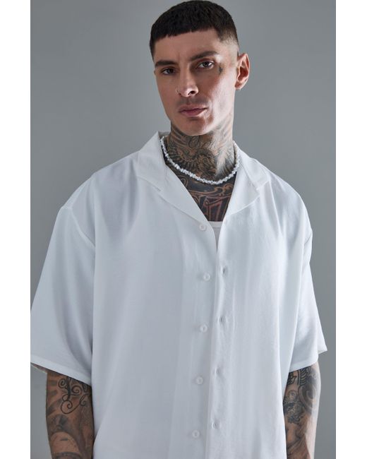 BoohooMAN Tall Short Sleeve Drop Revere Linen Shirt In White in Gray für Herren