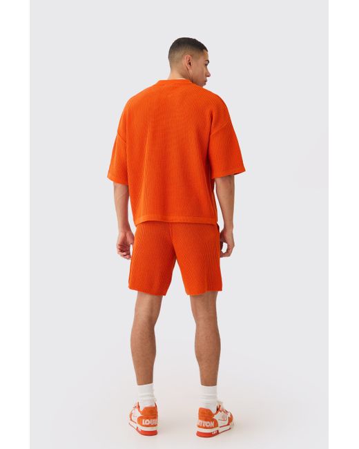 BoohooMAN Orange Relaxed Mid Length Ribbed Knit Short for men