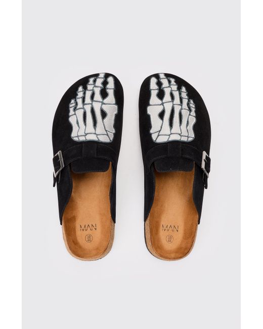 BoohooMAN Faux Suede Skeleton Embroidery Mule In Black for men
