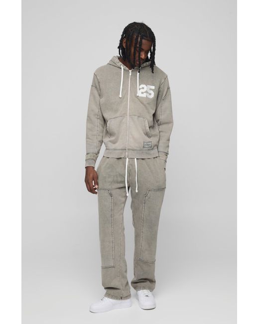 BoohooMAN Gray Regular Fit Washed Tear Away Carpenter Zip Hooded Tracksuit for men