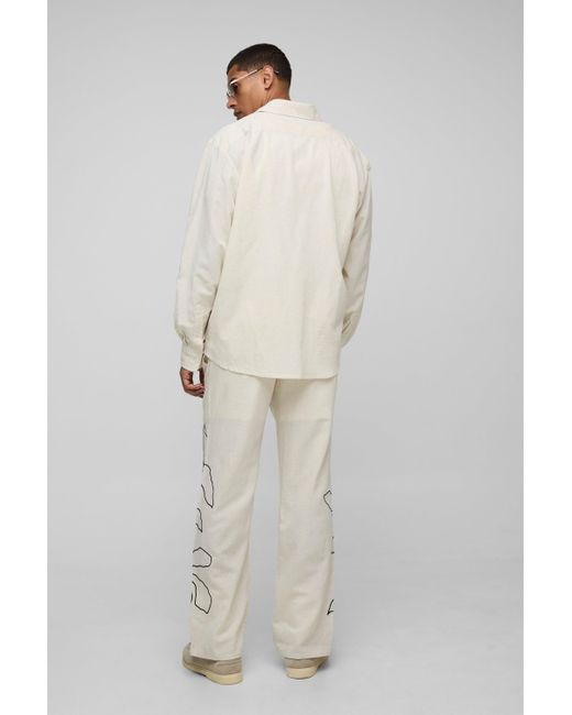Boohoo Natural Elasticated Waist Relaxed Fit Embroidery Linen Blend Pants