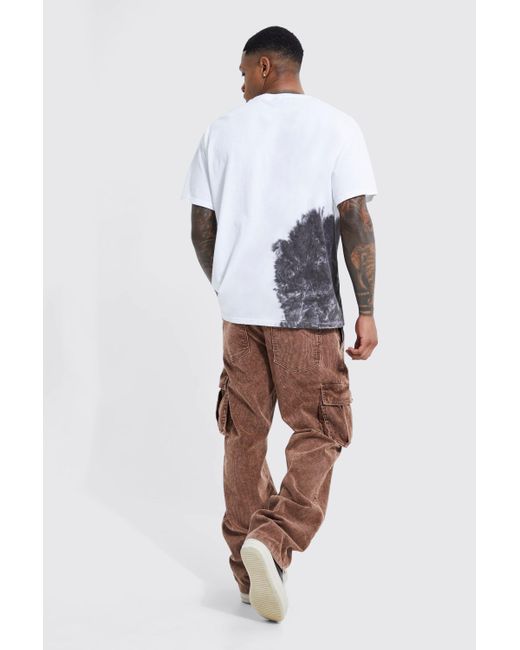 BoohooMAN Brown Acid Wash Cord Relaxed Fit Cargo Trousers for men