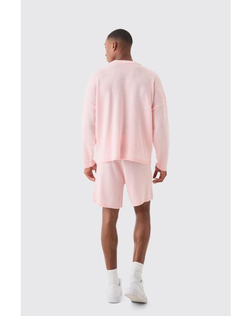 BoohooMAN Pink Oversized Boxy Varsity Knit Jumper for men