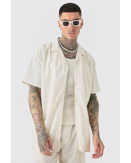 BoohooMAN Tall Oversized Linen Drop Revere Shirt & Short Set In Natural for men