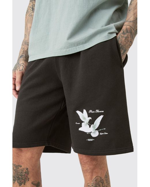 BoohooMAN Black Tall Oversized Fit Dove Print Jersey Shorts for men