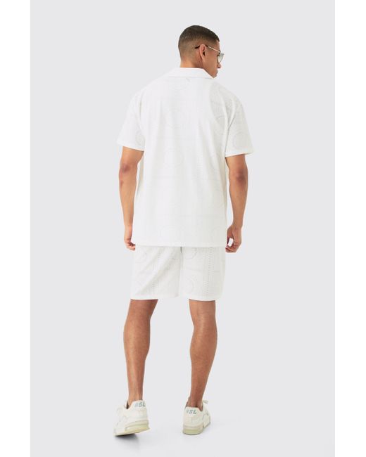 BoohooMAN Oversized Revere Stretch Broderie Shirt & Short Set in White für Herren