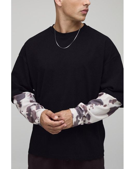 BoohooMAN Blue Oversized Boxy Embroidered Faux Layer Cow Waffle T-Shirt for men