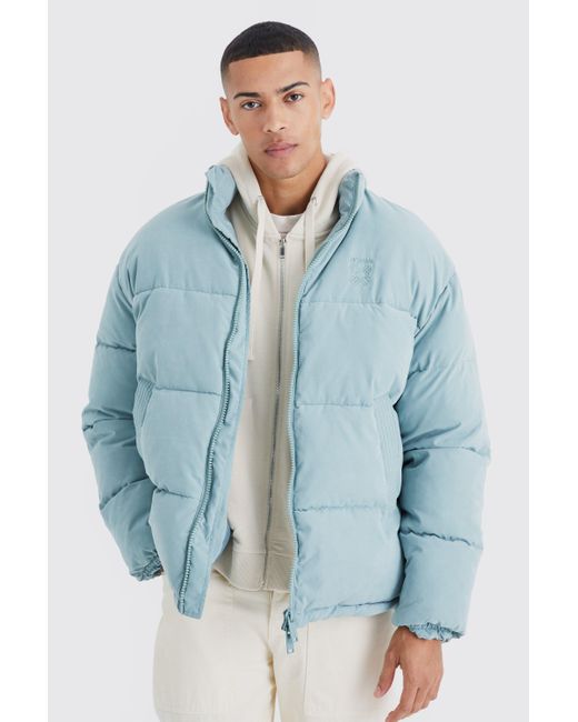 BoohooMAN Blue Oversized Peached Nylon Embroidered Puffer for men