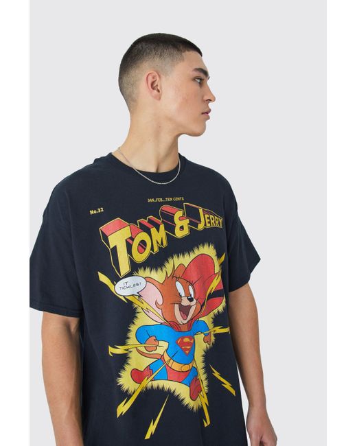BoohooMAN Blue Oversized Tom And Jerry Hero License T-shirt for men