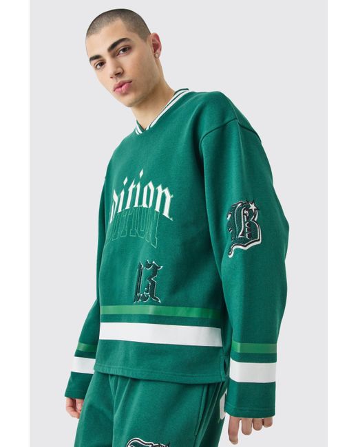 BoohooMAN Green Oversized Varsity Applique V Neck Sweatshirt Tracksuit for men