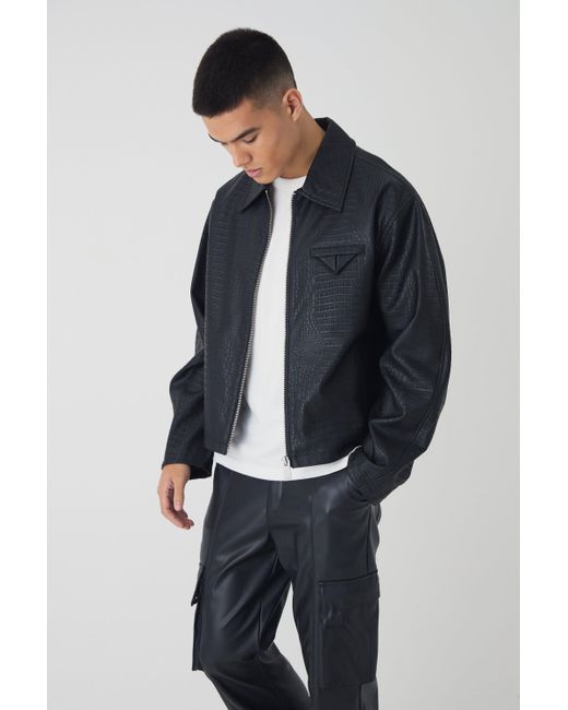 BoohooMAN Boxy Textured Pu Collared Bomber Jacket In Black for men