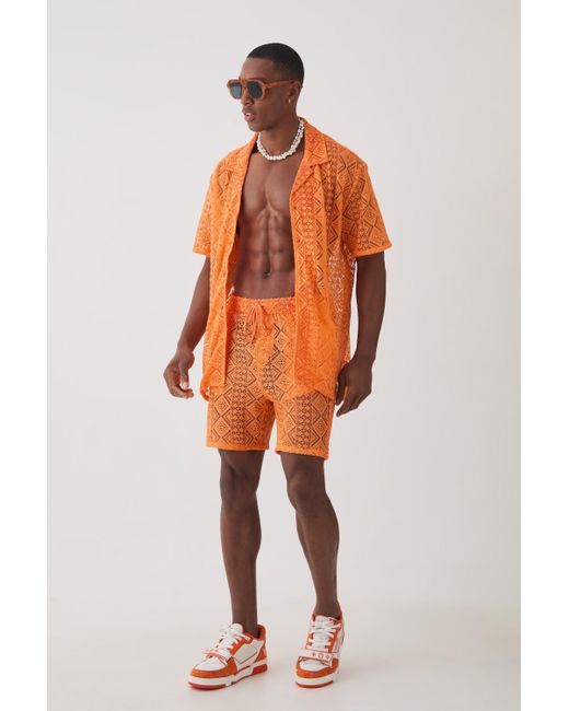 BoohooMAN Orange Boxy Crochet Look Shirt & Short Set for men