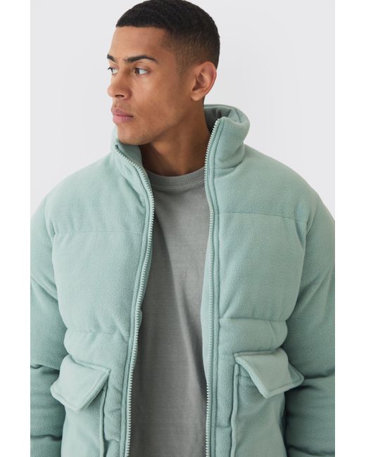 BoohooMAN Green Fleece Funnel Neck Puffer Coat In Sage for men