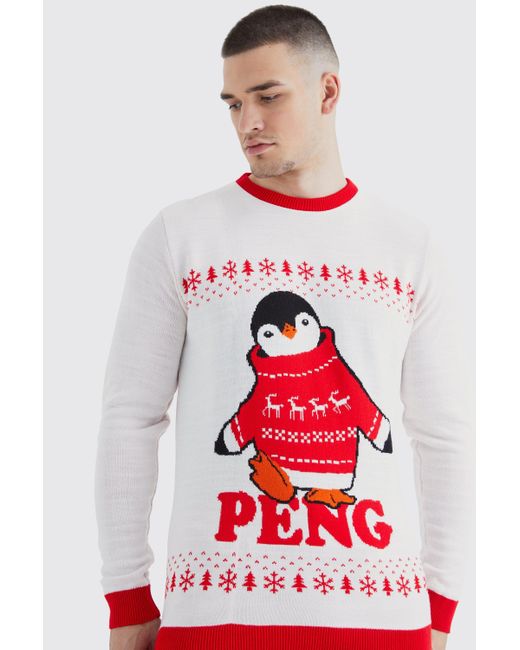 BoohooMAN Red Tall Peng Penguin Christmas Jumper for men