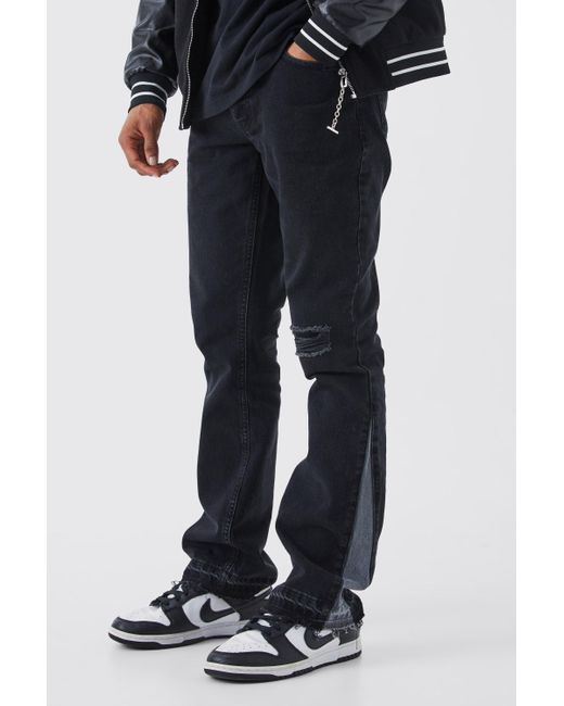 BoohooMAN Black Slim Rigid Flare Contrast Gusset Rip Jeans for men