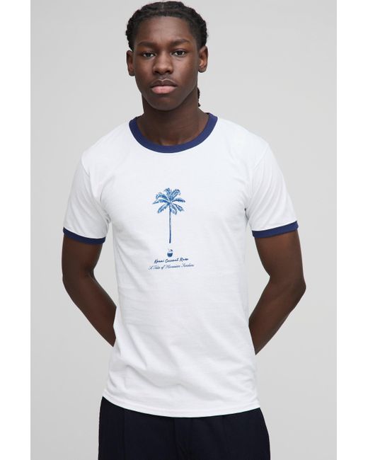 BoohooMAN White Regular Fit Line Drawing Palm Graphic Ringer T-shirt for men