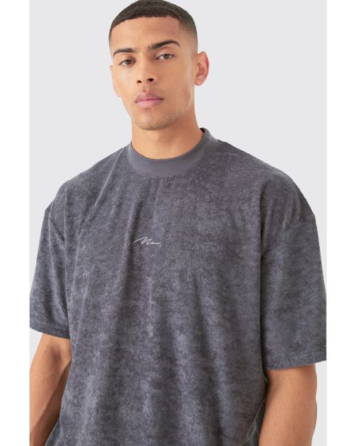 BoohooMAN Gray Oversized Extended Neck Towelling Man Signature T-shirt for men