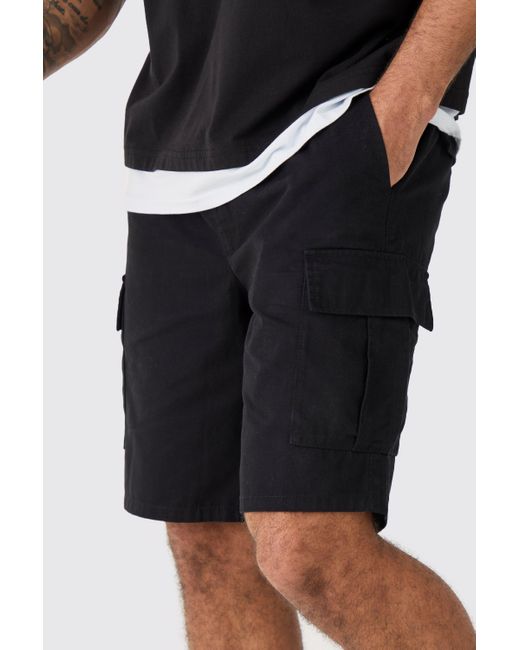 BoohooMAN Elastic Waist Black Relaxed Fit Cargo Shorts for men